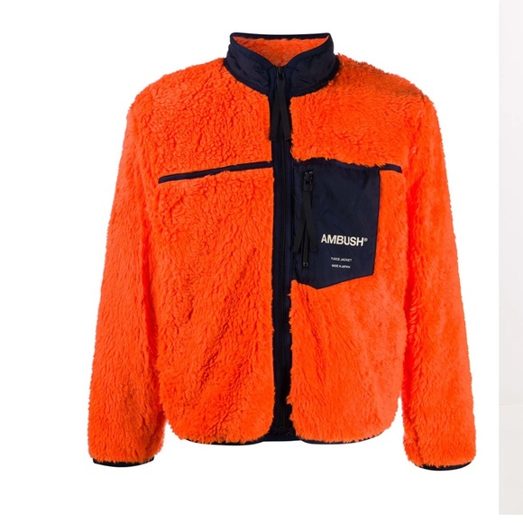 NWT AMBUSH logo-print fleece Sherpa jacket in Orange & Navy Size S - Picture 7 of 16